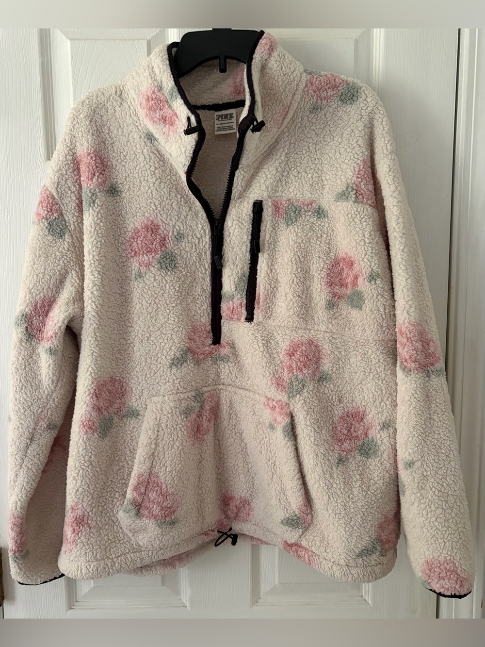 PINK Victoria's Secret Cream Sherpa Pullover with Pink Floral Print